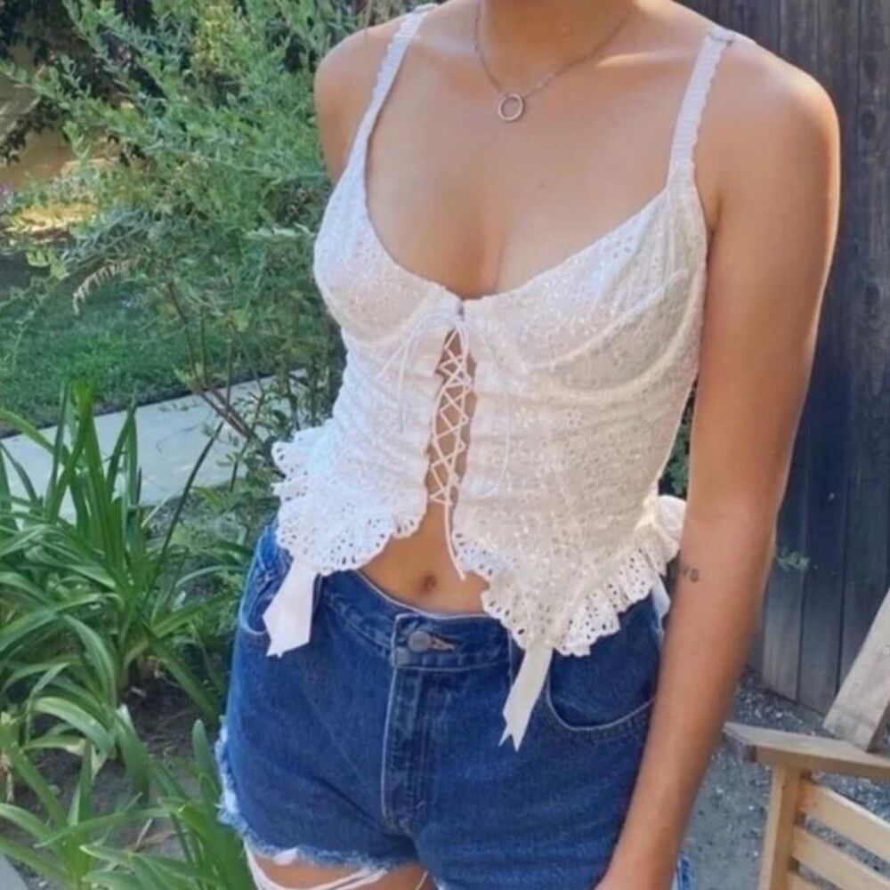 For Love & Lemons Sophie White Eyelet Lingerie Bustier Corset Top Size Small